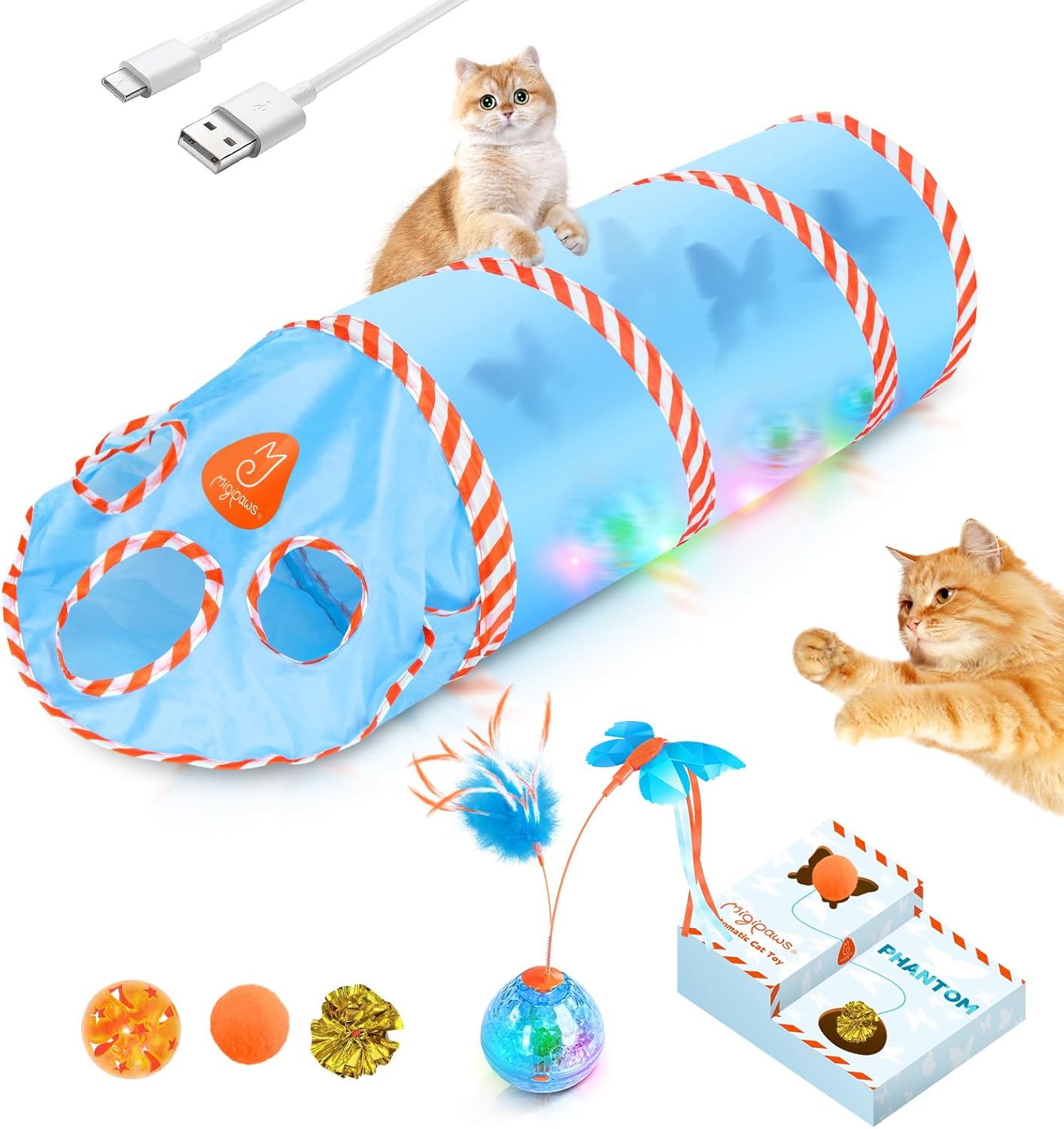 Migipaws Cat Toys, Interactive Cat Toy for Indoor Cats,Upgraded Moving Shadow of Butterfly Feather Project on Cat Tunnel, Cardboard Box Toys, Rechargeable 2.0