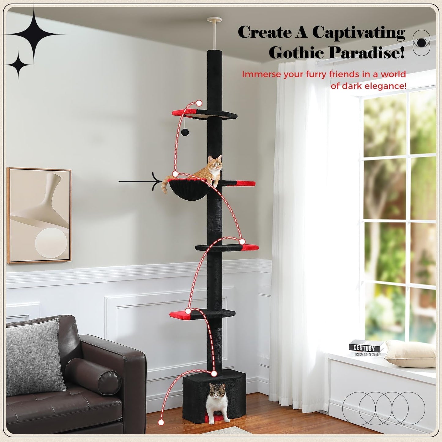 PAWZ Road Gothic Cat Tree, Floor to Ceiling Cat Tower with Adjustable Height (86.8-120 Inches), 5 Tiers Black Cat Condo with Cozy Hammock, Fully Scratching Posts and Dangling Balls for Indoor Cats