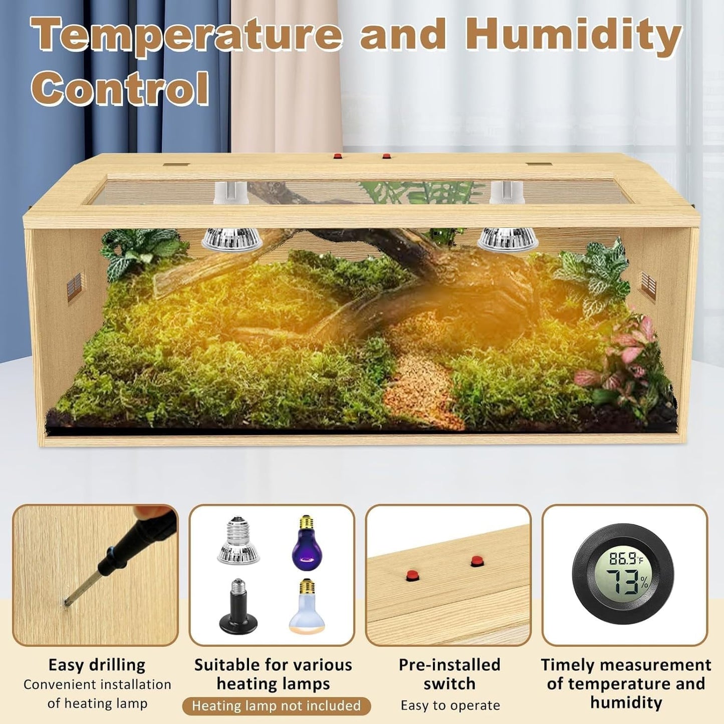 43 Gallon Reptile Terrarium Tank, Large Snake Enclosure, Lizard, Leopard Gecko Tank with Openable Roof Door, Lockable Bearded Dragon Tank, (Wooden, 40" L x 16" W x 16" H)