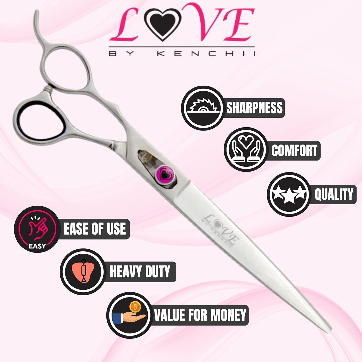 Kenchii Love Left Handed Dog Grooming Scissors, 8 Inch Straight Shears, Dog Scissors for Grooming, Professional Pet Grooming Scissors, Ergonomic & Comfortable