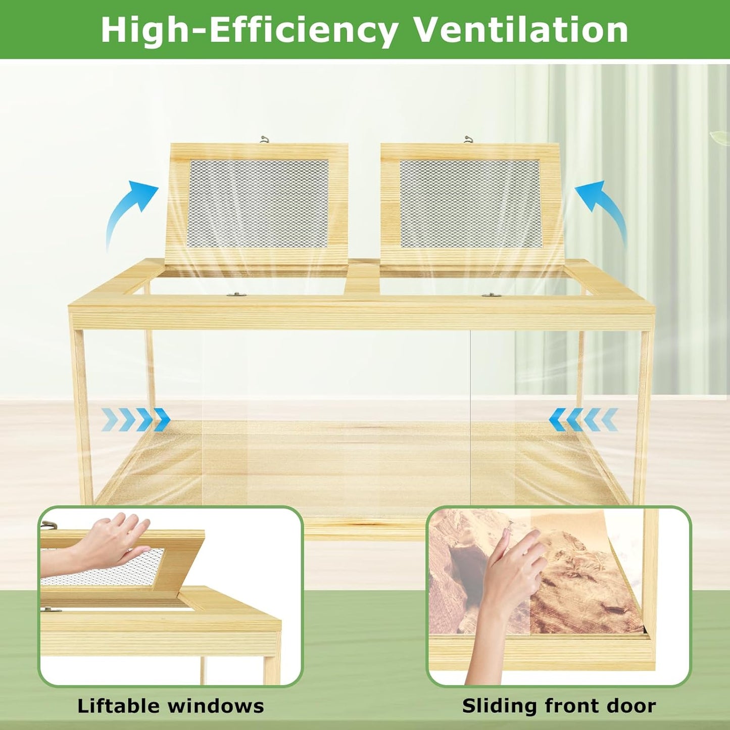 80 Gallon Reptile Tank - 48" Lockable Sliding Door Bearded Dragon & Snake Tank with Metal Mesh Roof, Front Opening Terrarium for Lizards, Leopard Gecko (Wood, 48" x 20" x 20")
