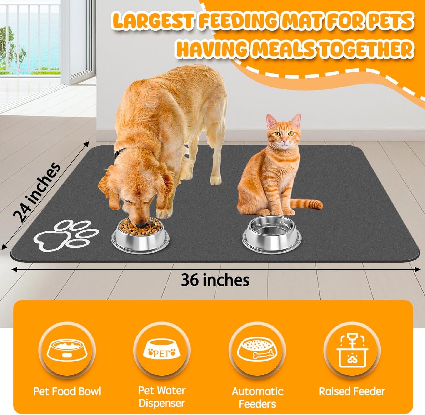 Dog Food Mat, 36" x 24" Extra Large Absorbent Dog Mat for Food and Water, Non Skid Cat Bowl Mat, No Stains Quick Dry for Pet Water Dispenser Pet Supplies for Messy Drinkers