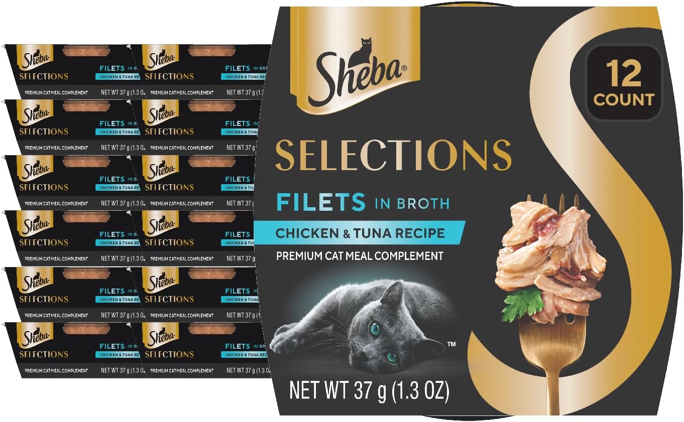 Sheba Selections Filets in Broth Adult Wet Cat Meal Complement Chicken & Tuna Recipe, 1.3 oz. Cups, 12 Count
