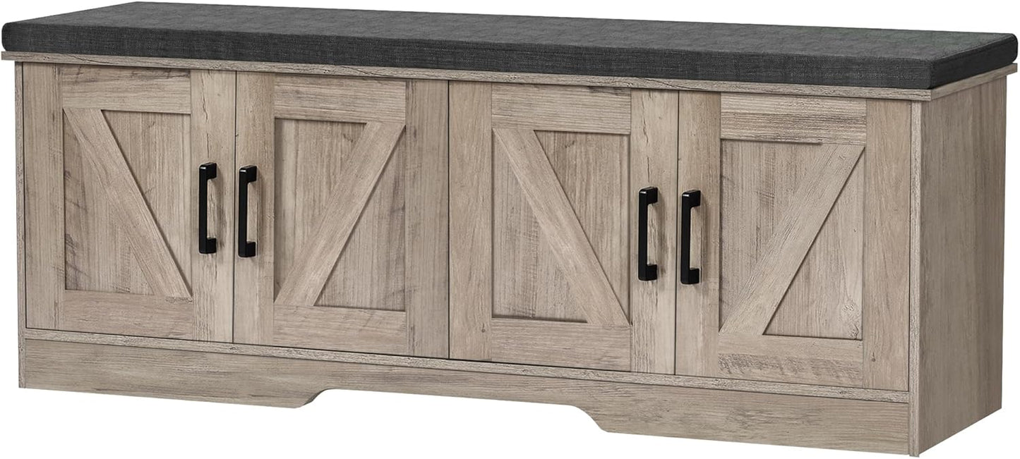 2-Tier Storage Bench, Shoe Bench with Padded Seat Cushion, Entryway Bench with 4 Barn Doors, Adjustable Shelf, 13.8" D x 47.2" W x 17.7" H, for Entryway, Living Room, Bedroom, Greige
