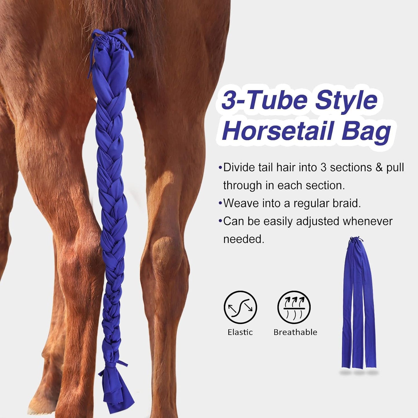 Harrison Howard 3 Tube Stretchy Fabrics Adjustable Closure Lightweight Horse Tail Bag for Horses Braid-in Tail Bag