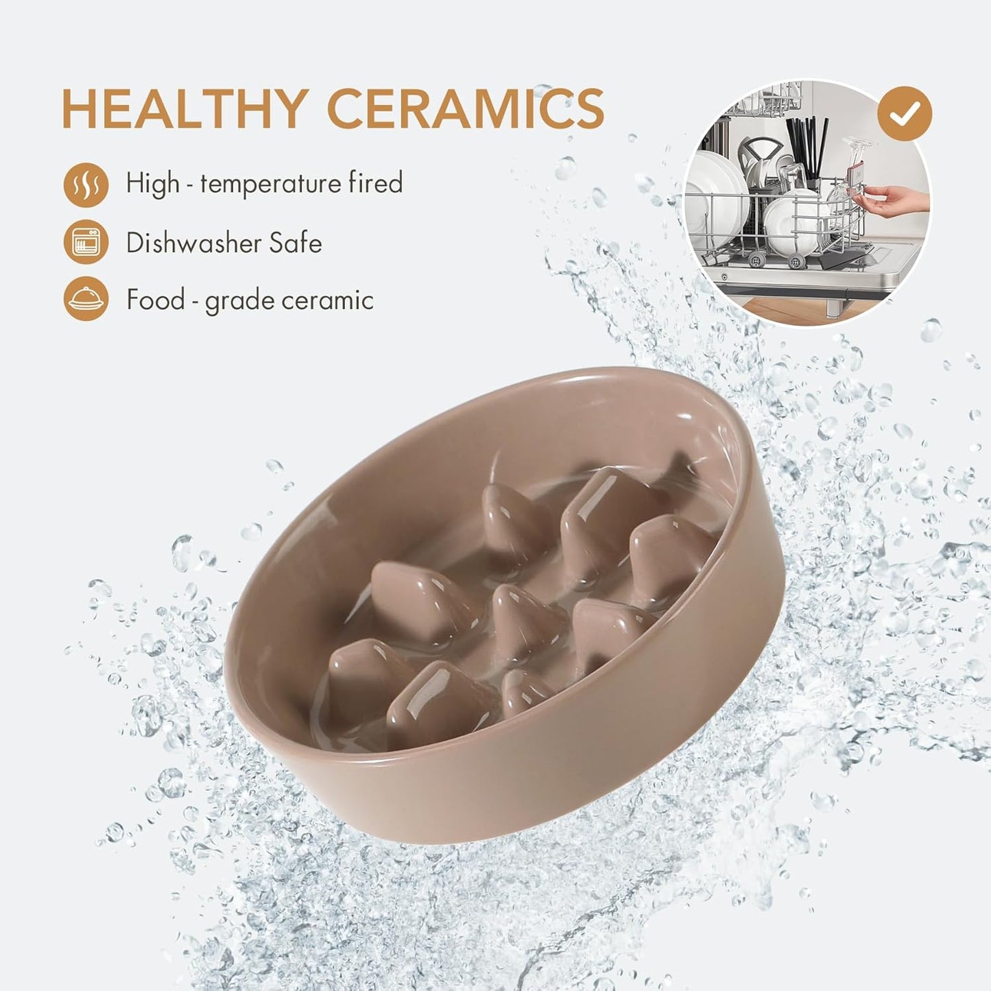 Ceramic 6.1inch Dog Bowl Slow Feeder, Slow Pet Food Dish for Small Dog and Cat, Stop Bloat, Preventing Choking(Single Bowl, Brown Coffee)