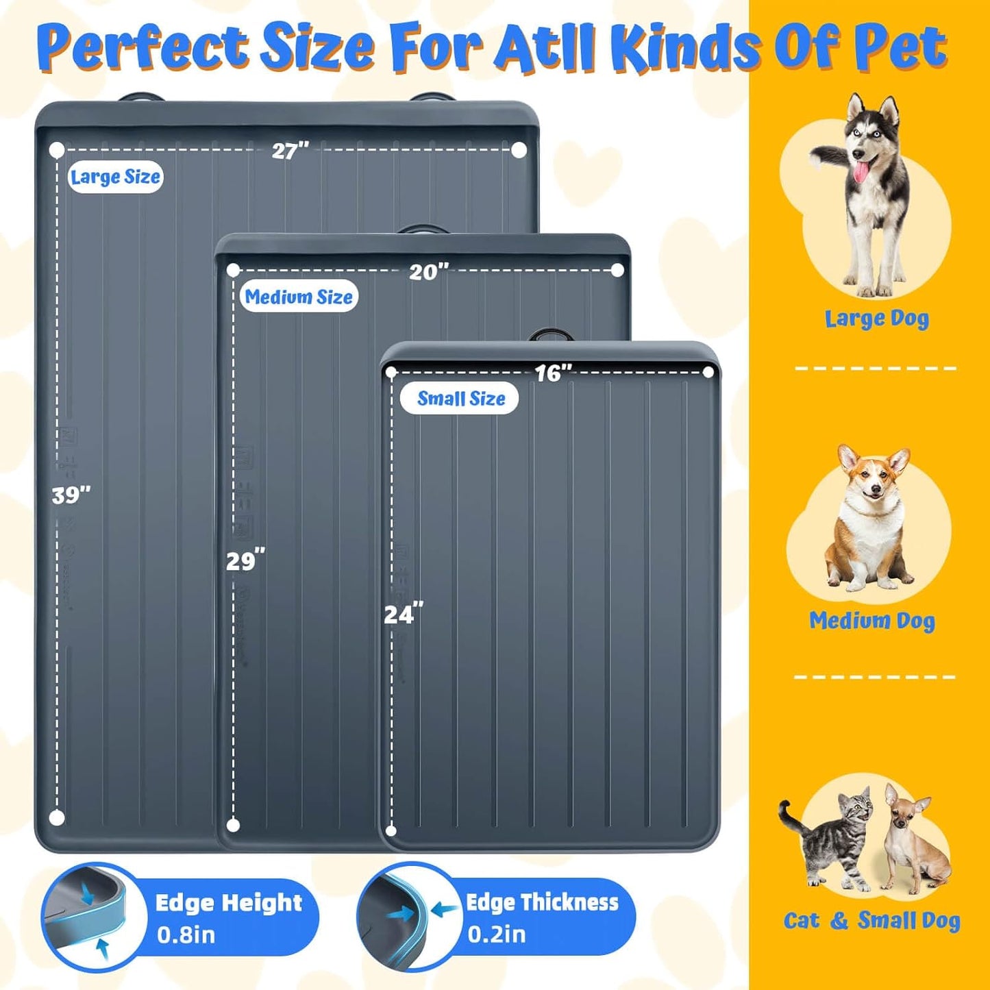 Dog Feeding Mat - 39''x27'' Large Silicone Pet Food Mats with Residue Collection Pocket and High Edges, Floors Waterproof Dog Cat Bowl Mat Prevent Water Food Spills, Dark Grey