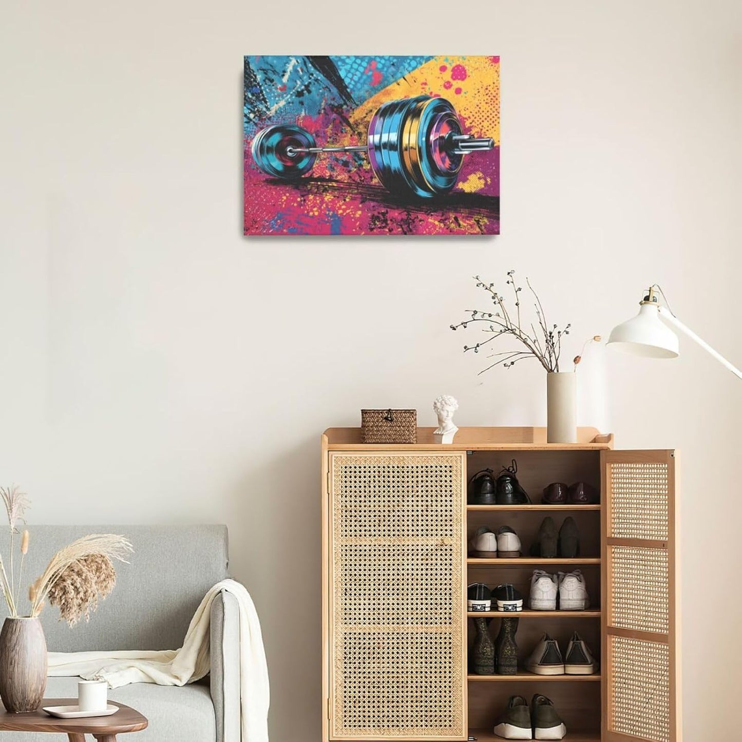 Gym Wall Art Weightlifting Fitness Canvas Wall Decor Barbell Sports Training Pictures Painting Banksy Street Graffiti Print Artwork Framed Decorations Gifts for Sports Lovers Gym Living Room Bedroom 16"x24"