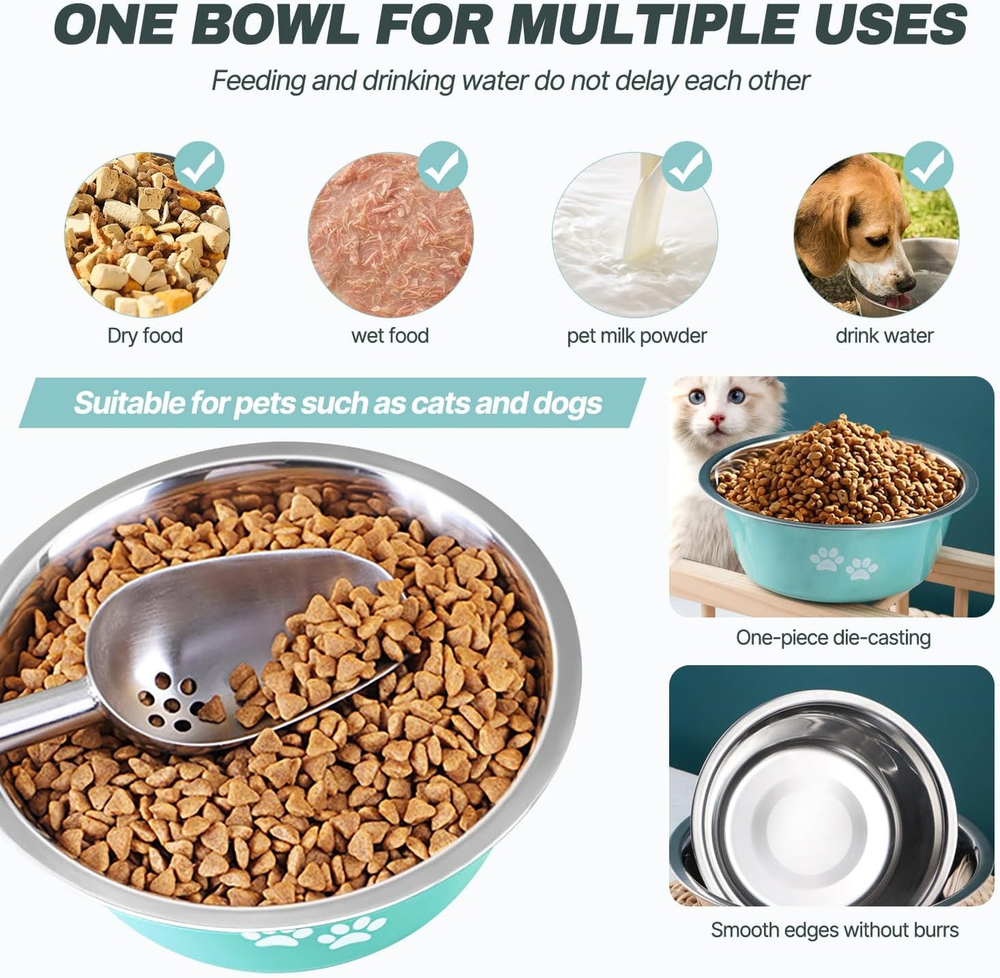 Stainless Steel Dog Bowls, Nonslip Rubber Bottom No Spill Proof Skid Metal Insulated Dog Bowls for Large Medium Small Breed Dogs (Green, 6.6 Cups/53 OZ)