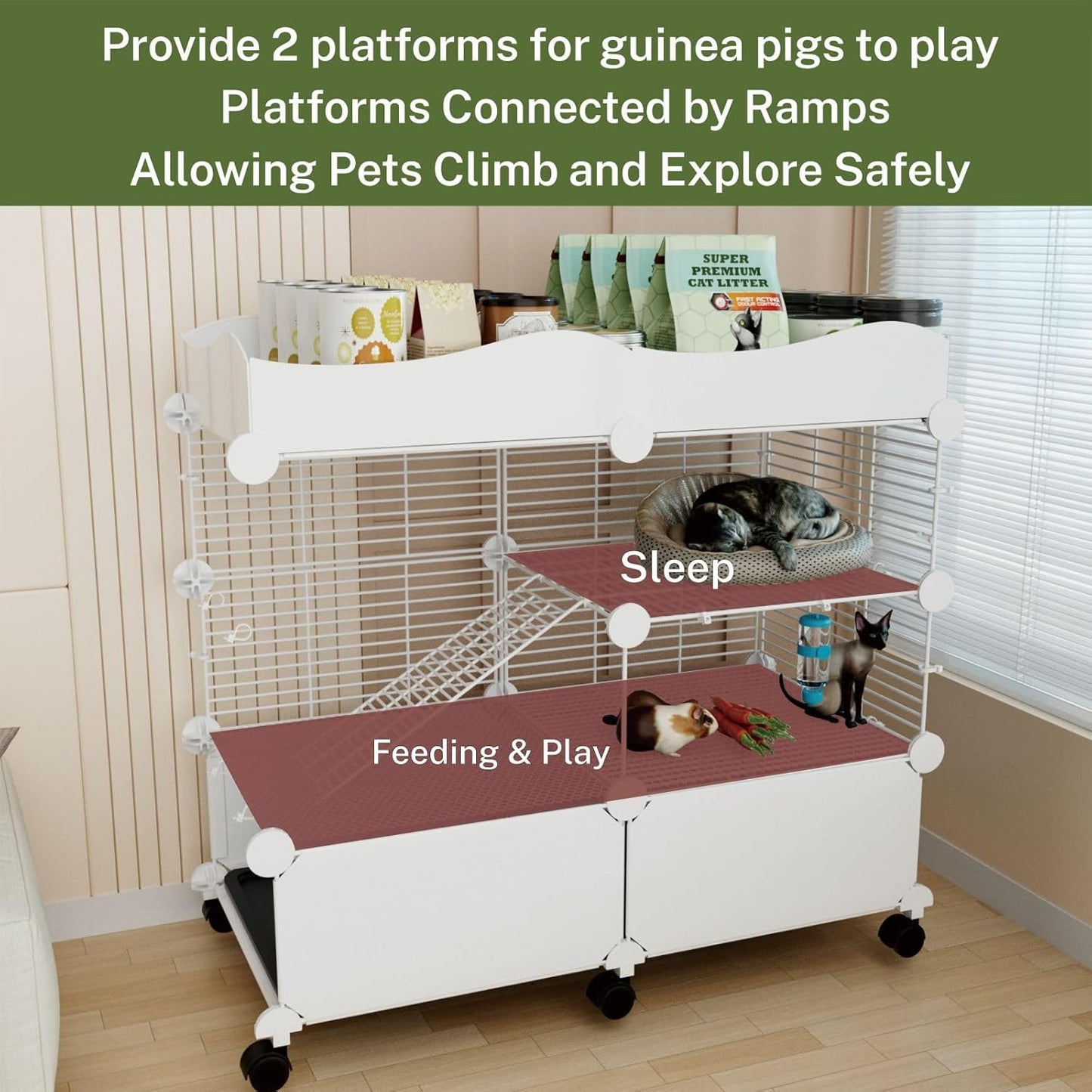 Small Guinea Pig Cages Indoor, C&C Chinchilla Rat Cage Rabbit House on Wheels with Tray