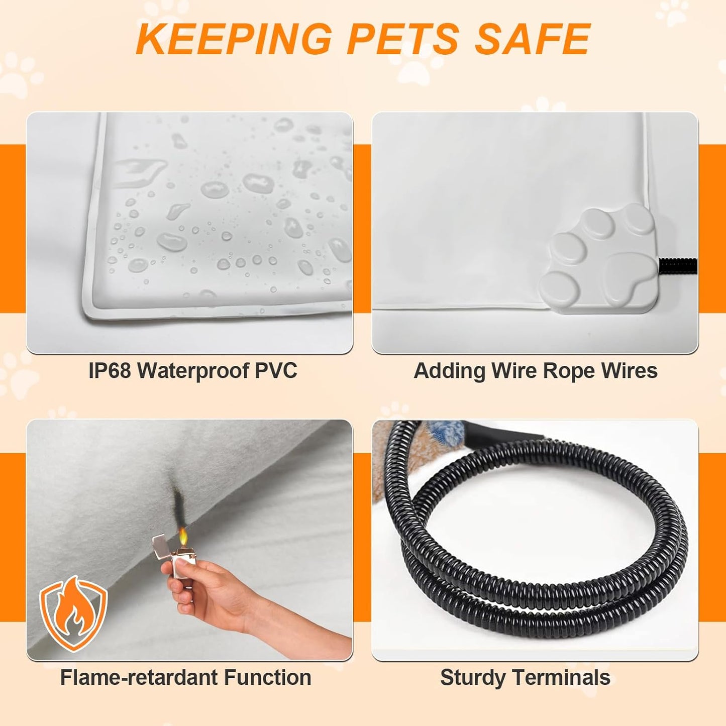 Dog Heating Pad，47×30 in Waterproof PVC Large Heating Pad for Dogs，Smart Thermostat Heated Dog House，Reinforced Interface + Wire Rope Whelping Box for Dogs,Plush Fabric Cover-Apricot