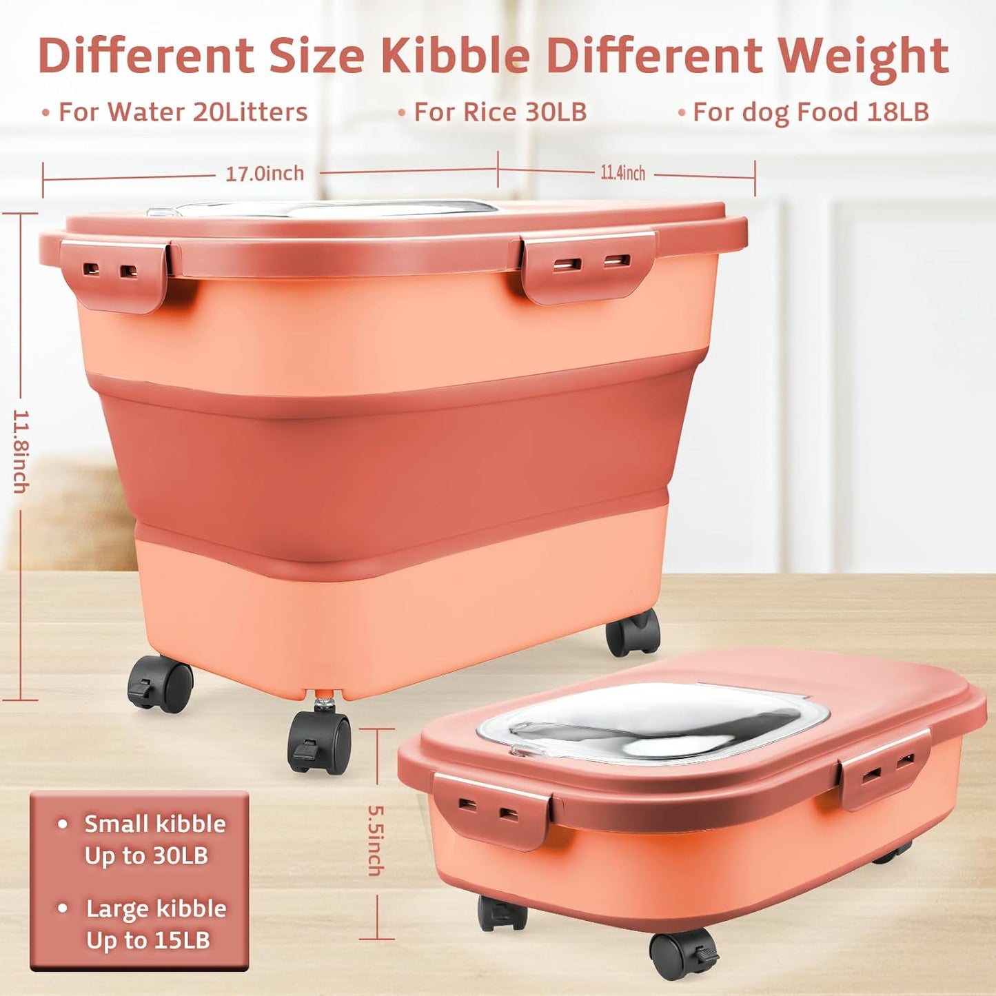 Rice Storage Containers, Collapsible 20 to 30Lbs Food Storage Bin Dispenser with Rolling Wheel and Clear Airtight Lid, BPA Free Flour, Sugar, Cereal and Dog Cat Pet food Containers