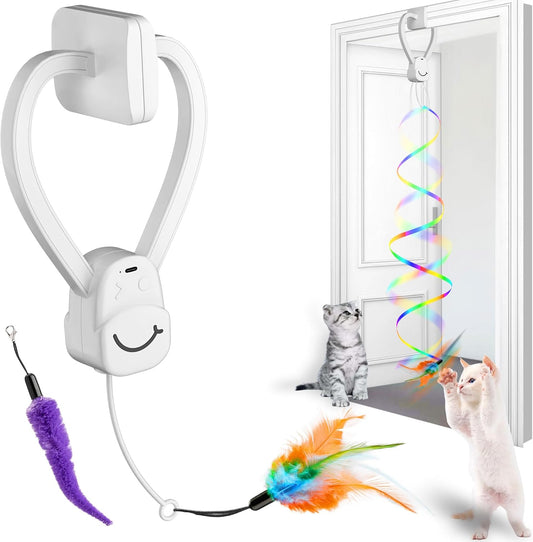 Interactive Cat Toys for Indoor Cats,Enrichment Stimulation Toys, Electric Hanging Door Clip Ribbon Kitty Toy,Automatic Play Chase Exercise Feather Toys for Bored Indoor Adult & Kitten Cats（White）