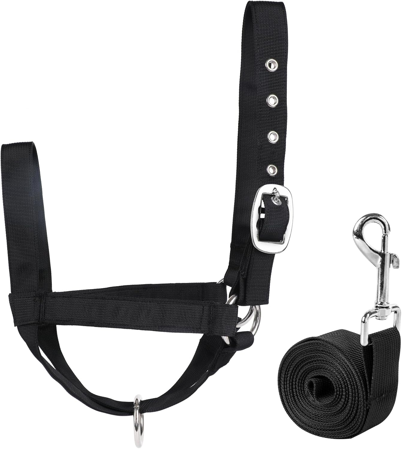 XUANNIAO Easily Adjustable Figure 8 Cow Halter, Double-Ply Premium Livestock Cattle Halters, Colorful Cow Utility Calf Halter with Leading Rope for Miniature Horse Donkey Goat Foal (Small, Black)