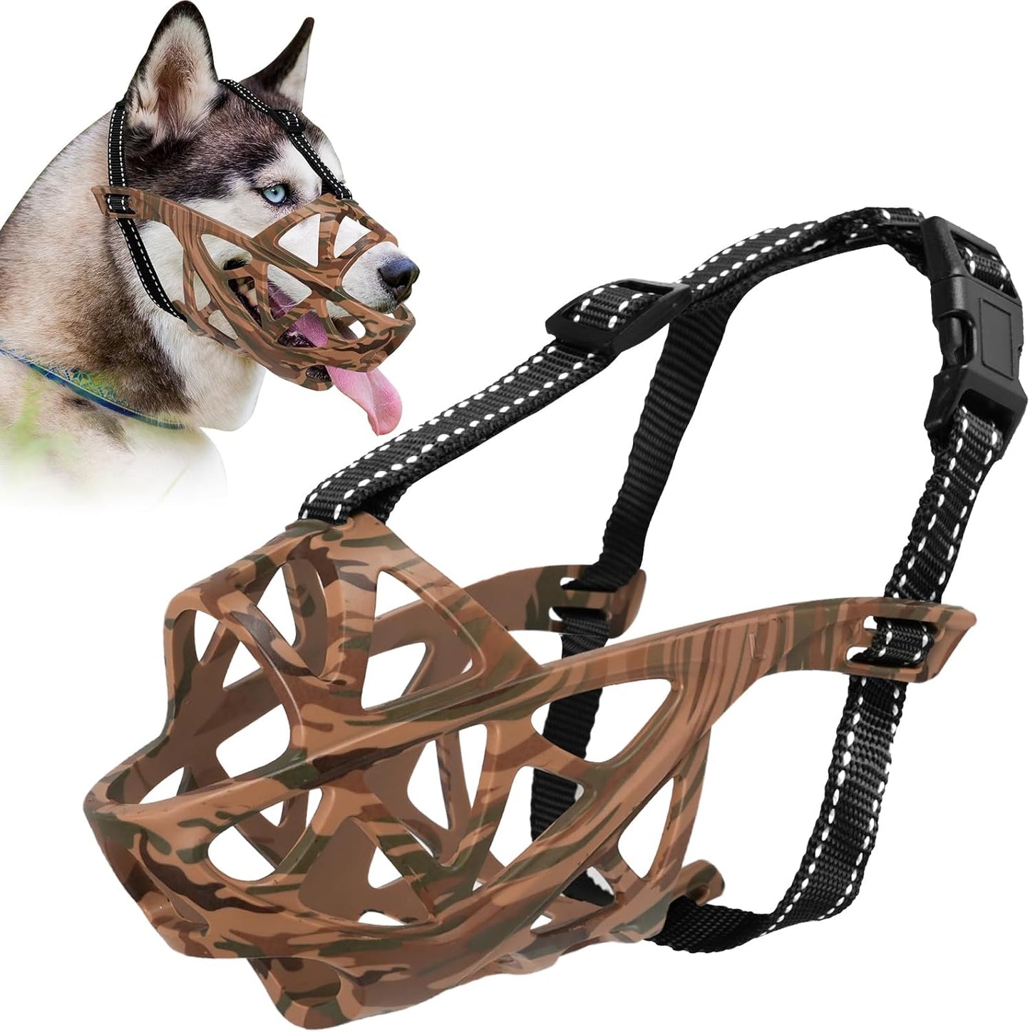 Dog Muzzle for Large Dogs, Breathable Basket Muzzles for Small, Medium and X-Large Aggressive Dog, Allows Panting Drinking, Suitable for Grooming Trimming Training (Camouflage Brown, XL)