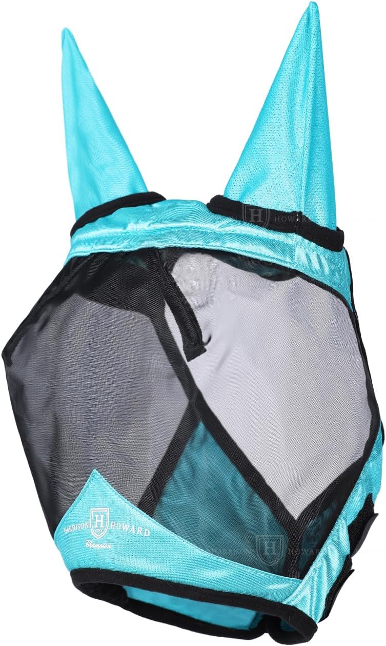 Harrison Howard Pro Luminous Horse Half Face Fly Mask Large Eye Space with Ears UV Protection for Horse Teal S