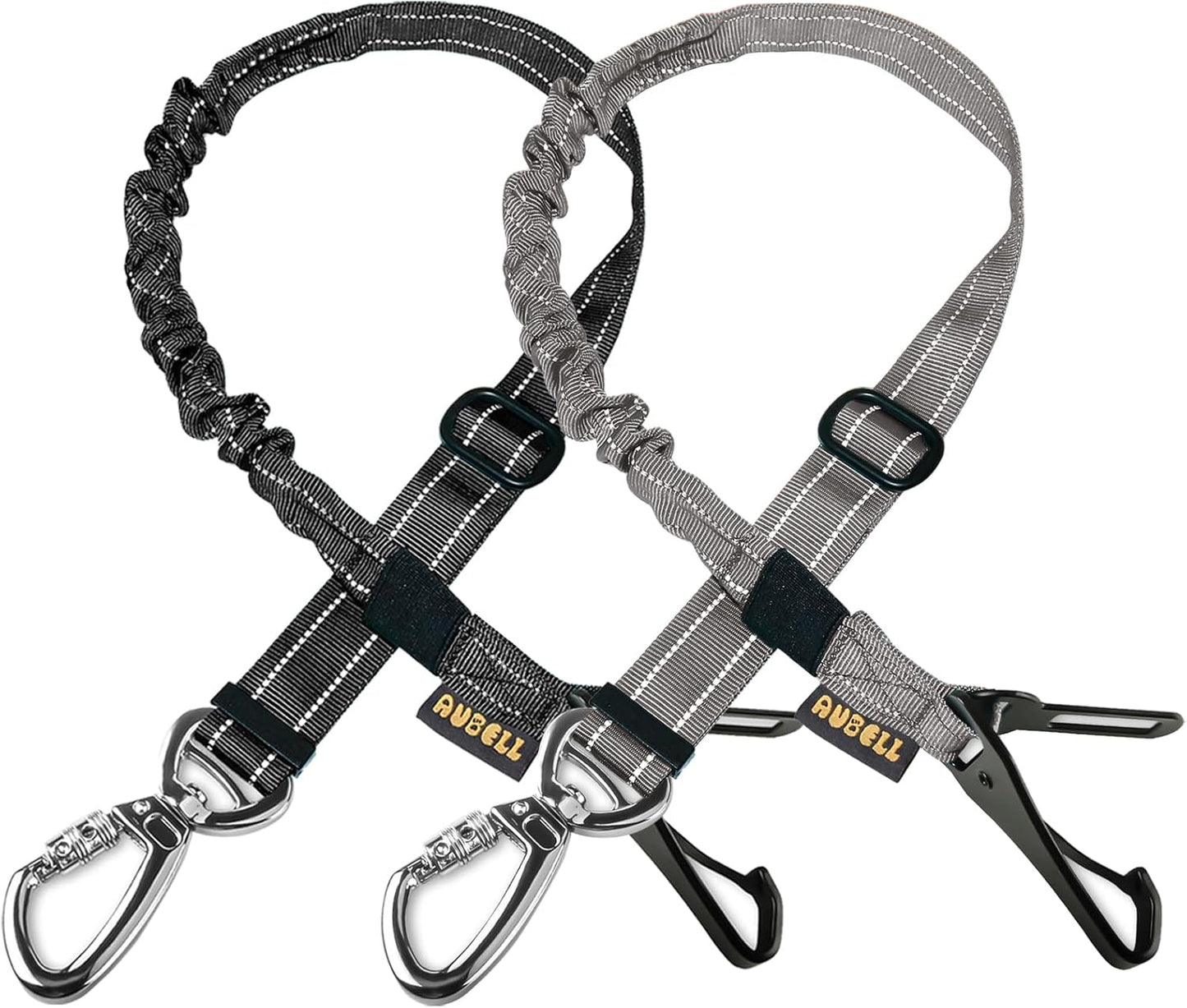 AUBELL Dog Seat Belt for Car,2 Pack Set 3-in-1 Adjustable Reflective Bungee Heavy Duty Dog Car Harness Tether with Clip Hook Latch & Buckle,Swivel Zinc Alloy Carabiner,Black+Grey