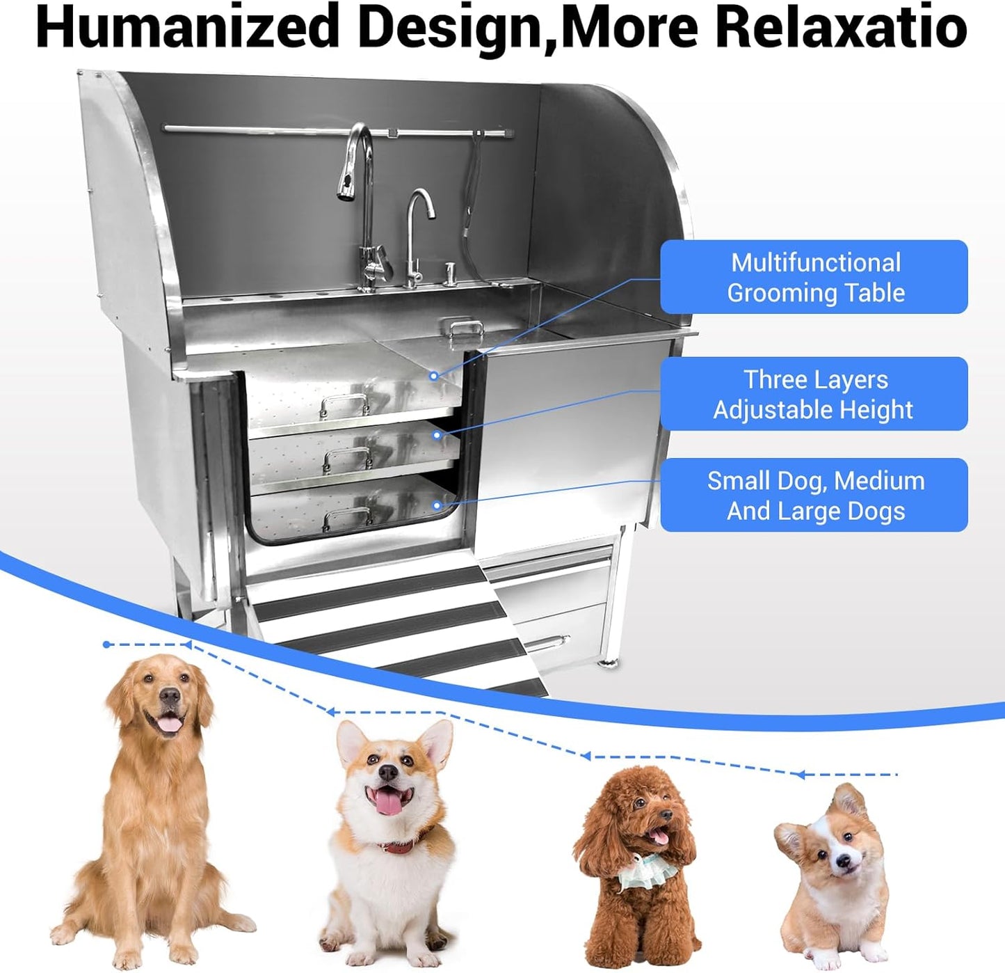 Professional Dog Grooming Tub, 38" Stainless Steel Dog Wash Station with Ramp, Storage Drawer, Floor Grate & Faucet/Dog Bathtub for Large, Medium & Small Pets, Left Door