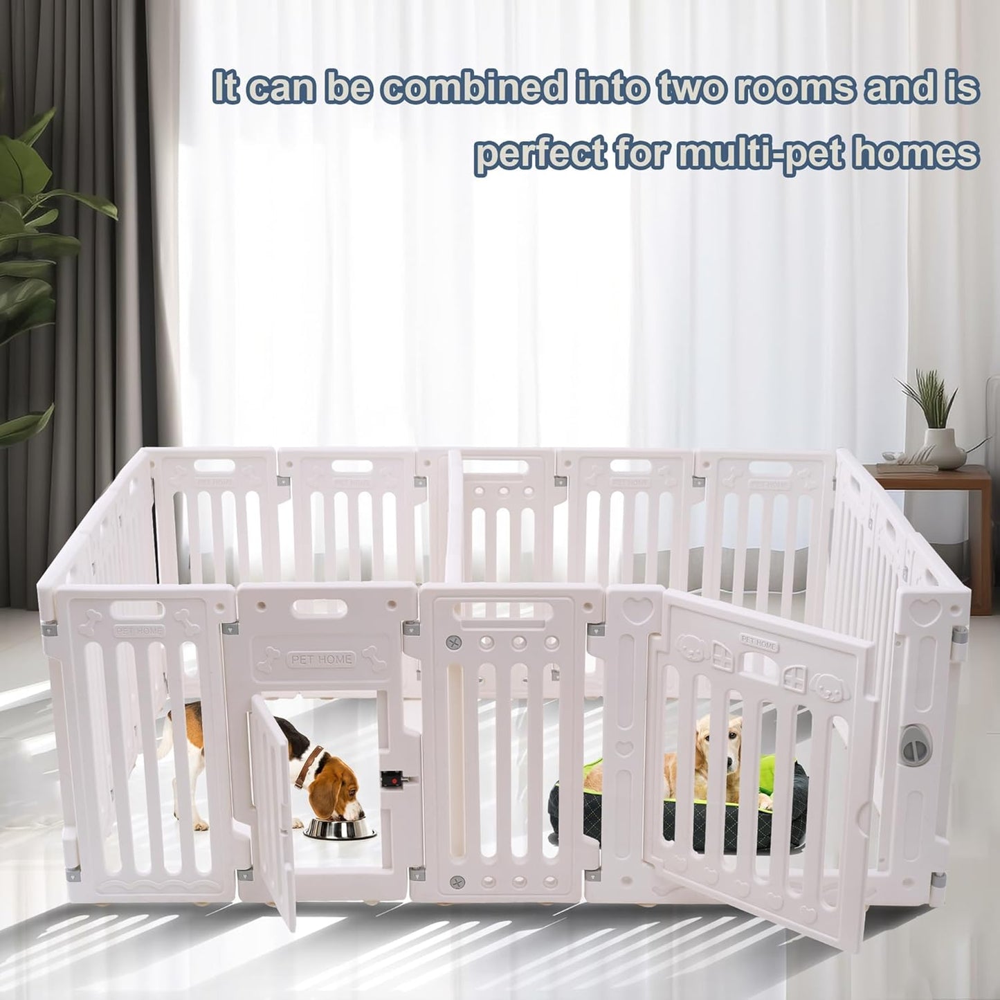 2 Room Dog Playpen with Door,DIY Shape Combination Puppy Pen,16-Panel+2 Link Piece+Large Door+Small Door,25.5" H Dog Fence,Non-Slip&Secure Pet Gate,Easy to Assemble (Two Rooms)