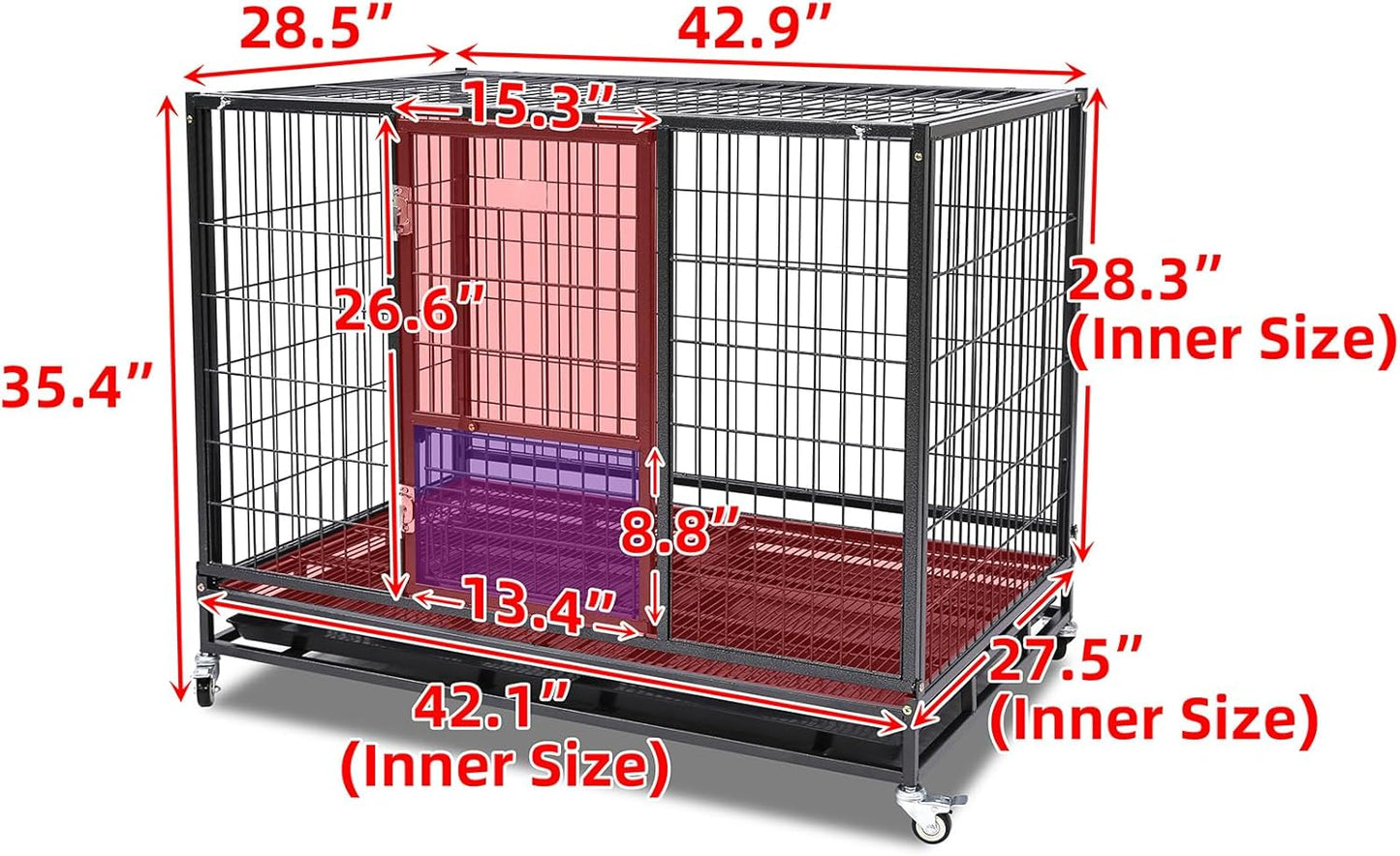 43" Collapsible and Stackable Large Dog Crates, Heavy Duty Dog Kennel Cage Open Top Double Doors W/Feeding Door, Dual Safe Locks, 360° Lockable Casters, Removable Tray & Metal Floor Grids
