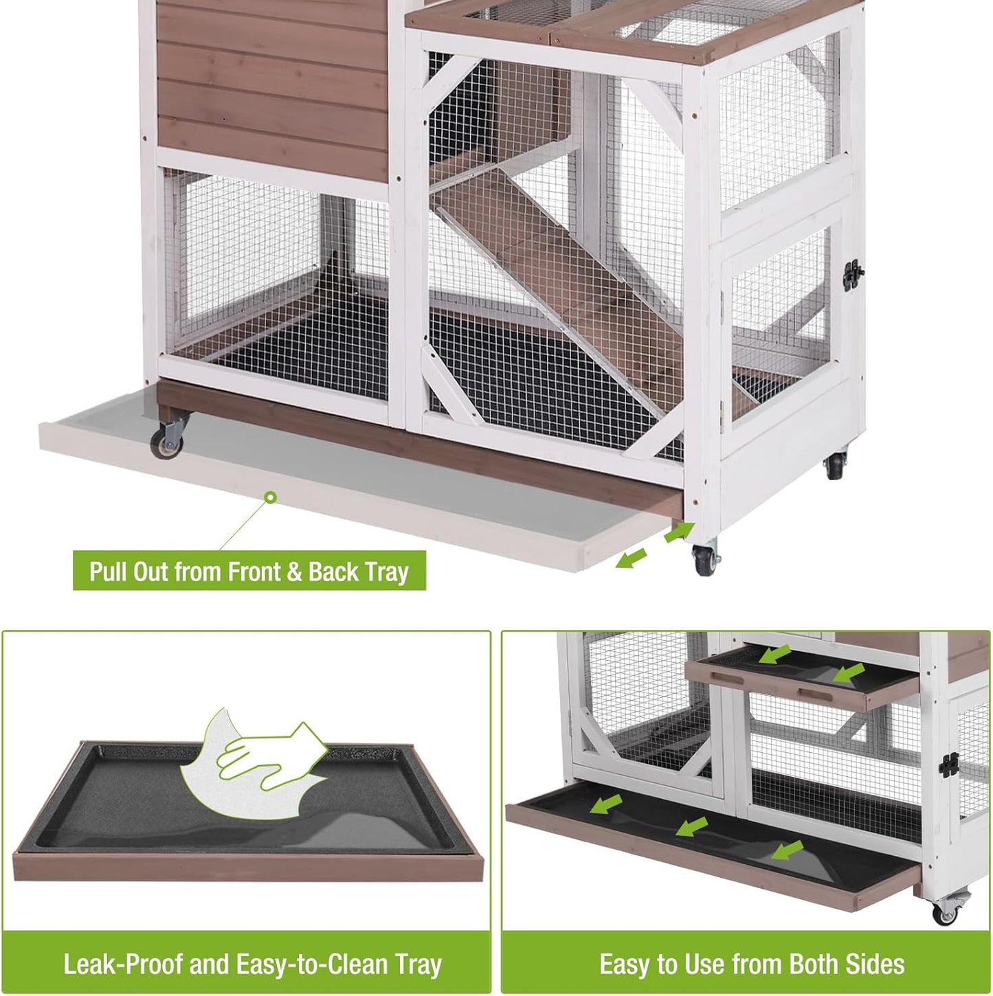 Gutinneen 2-Story Rabbit Hutch with Chew-Proof Ramp & Leak-Proof Trays - Indoor/Outdoor 39.3" Wooden Rabbit Cage with Wheels for Rabbits, Guinea Pigs