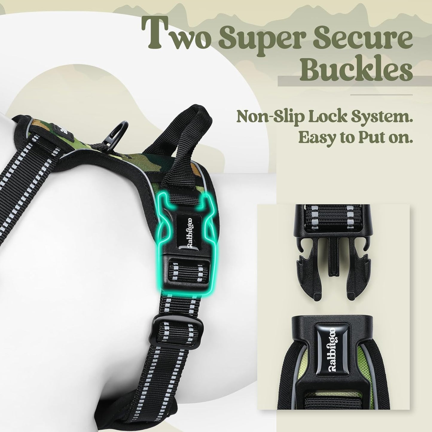 rabbitgoo Dog Harness No Pull with 2 Leash Clips, Adjustable Soft Padded, Reflective Oxford No Choke Pet Vest with Easy Control Handle for Large Dogs, Green Mountain,S