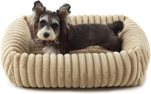 Dog Beds for Small Dogs, Washable Orthopedic Dog Bed with Removable Cover, Rectangle Soft Calming Sleeping Puppy Bed Durable Pet Cuddler with Anti-Slip Bottom, 20"x19"x6" Beige