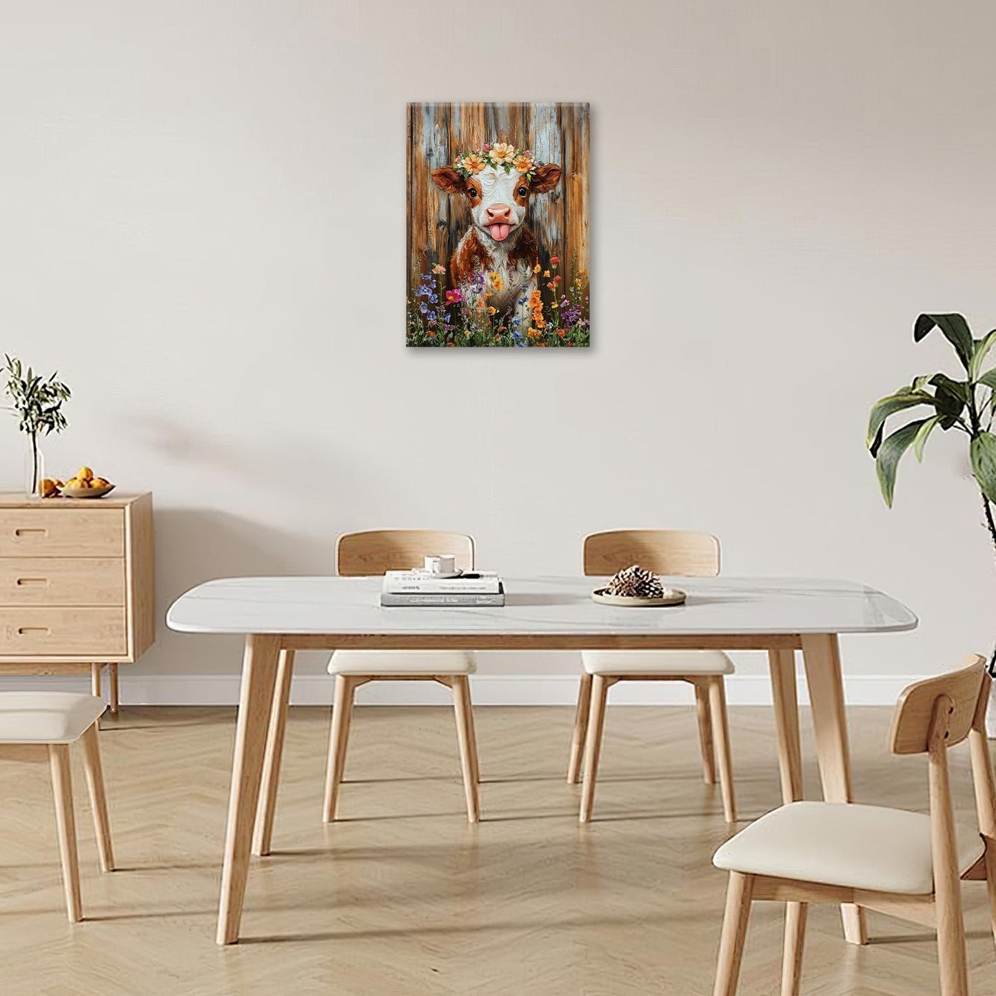 Funny Cow Bathroom Pictures Wall Art, Rustic Brown Cute Cow Bathroom Wall Decor, Farmhouse Floral Framed Painting Animal Flower Canvas Artwork for Bedroom Living Room Decorations 16"L x 12"W