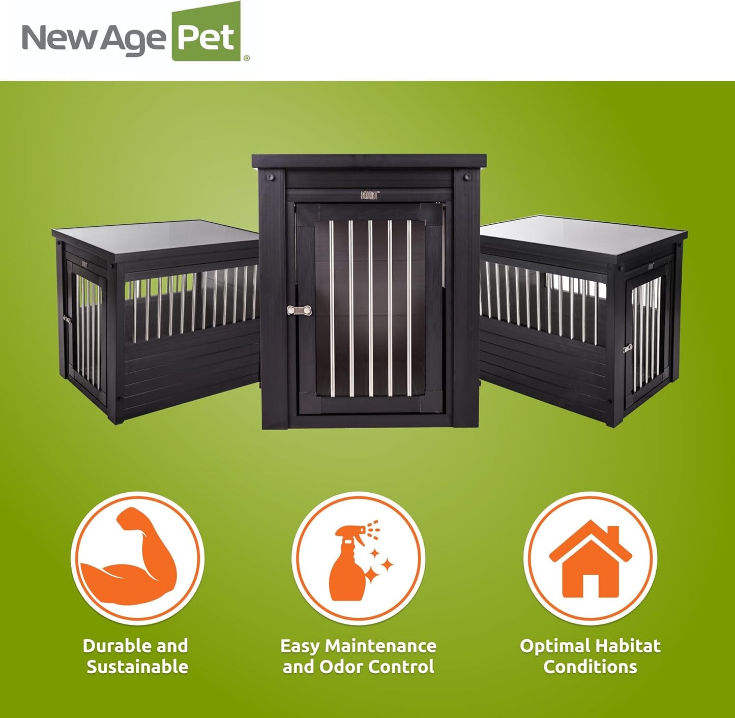 New Age Pet ECOFLEX Dog Crate End Table - Furniture-Style Pet Crate for Crate Trained Dogs - Stainless Steel Tubing & a Latched Closure - 10 Year Manufacturer's Warranty, Medium, Black
