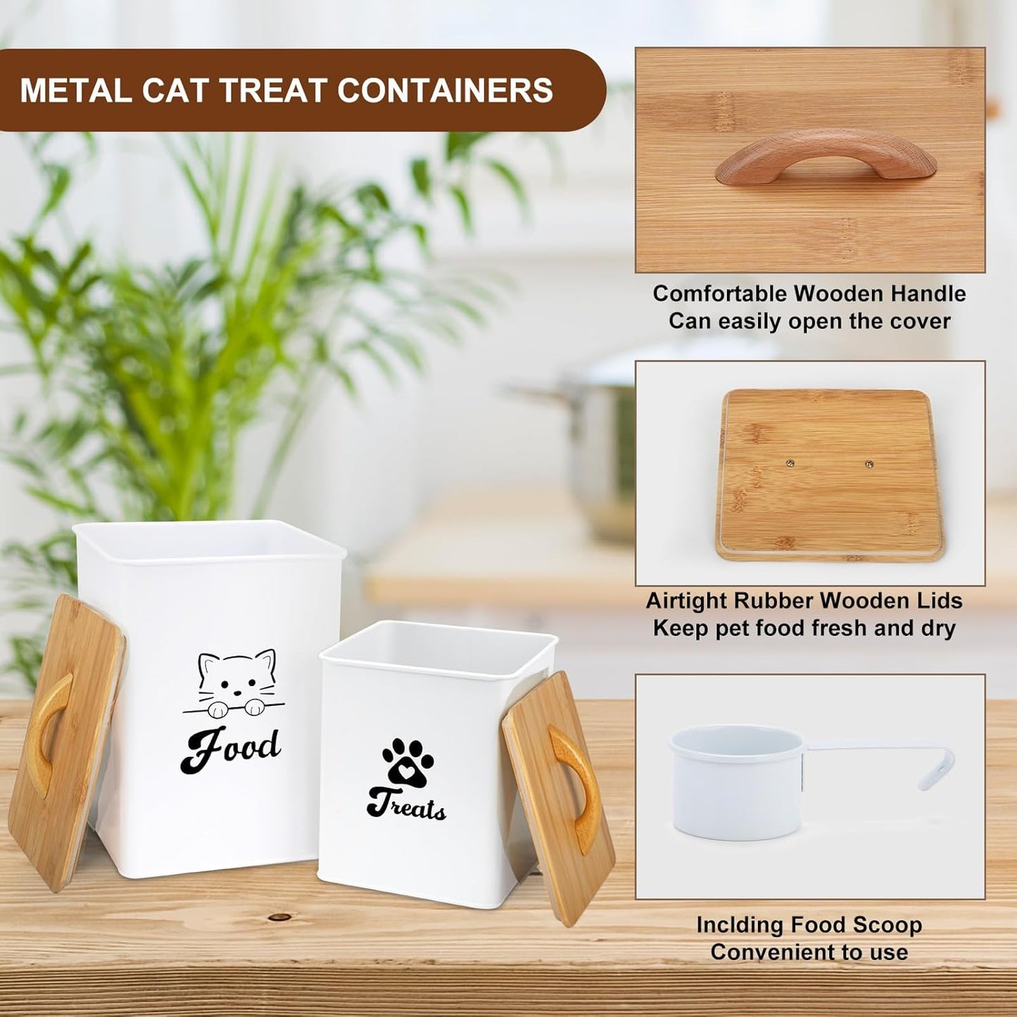 Cat Food Storage Container with Scoop, 2PCS Cat Food Storage Container with Lids Airtight, Cat Treat Jars for Kitchen Counter-7+3Lbs, Cat Cookie Jar for Storage, White