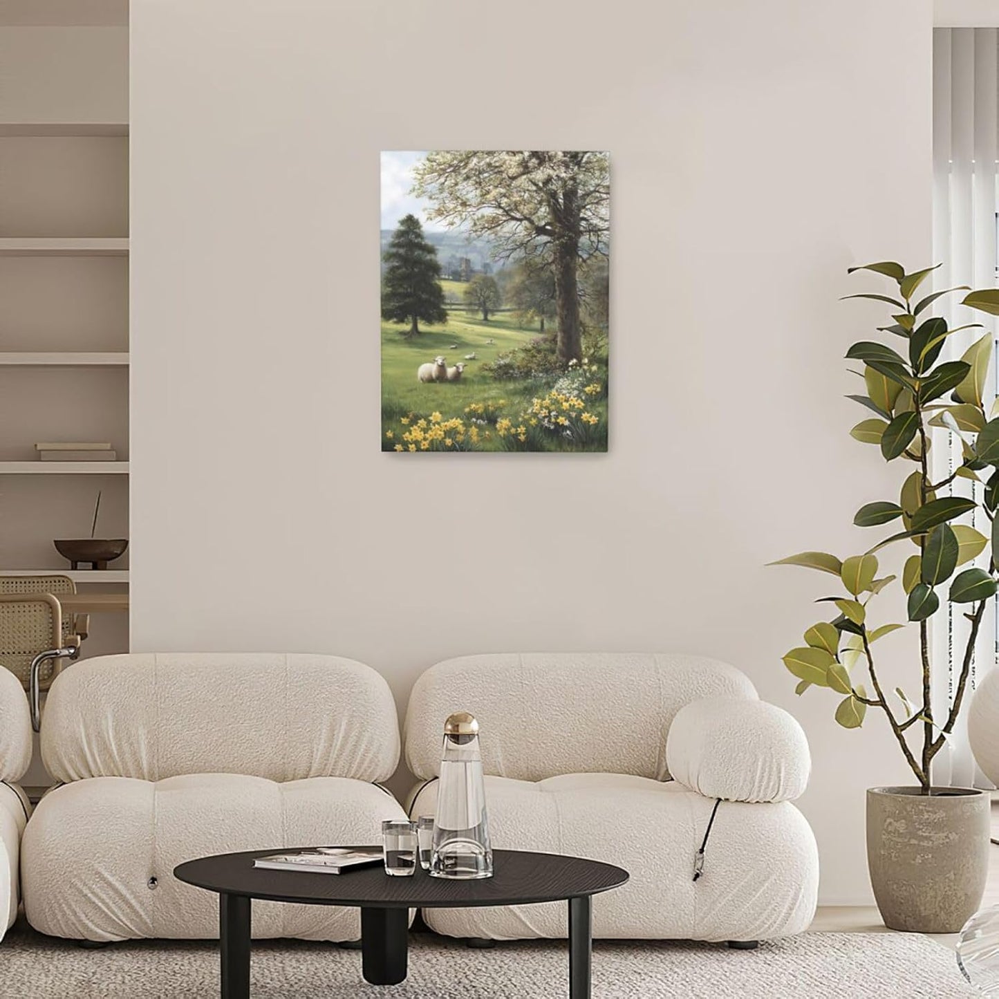 Country Sheep Canvas Wall Decor Farmhouse Rustic Lamb Wildflower Wall Art Nature Countryside Landscape Pictures Painting Print Framed Artwork Decorations for Bathroom Living Room Bedroom 12"x16"