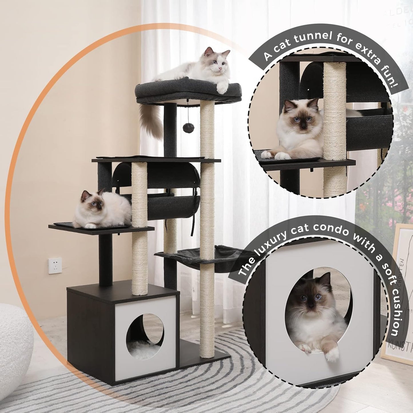PEQULTI 51.4 Inches Modern Cat Tree Premium 6 Levels Wooden Cat Tower with Fully Sisal Covered Scratching Posts, Cozy Condo, Spacious Perch, Super Large Hammock and Swing Tunnel for Indoor Cats Gray