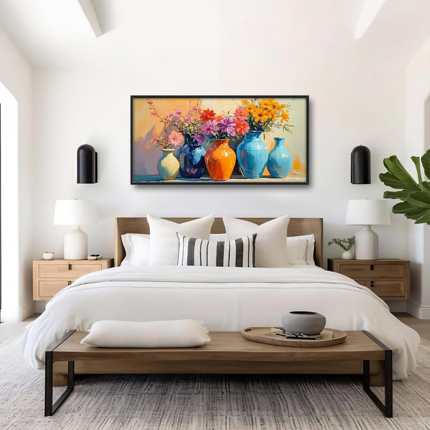 Large Colorful Floral Wall Art for Living Room, Framed Oversized Asian Flower Vase Decor Canvas Painting Sunlight Pictures Modern Artwork for Bathroom Bedroom Office Dining Room 60"x30"