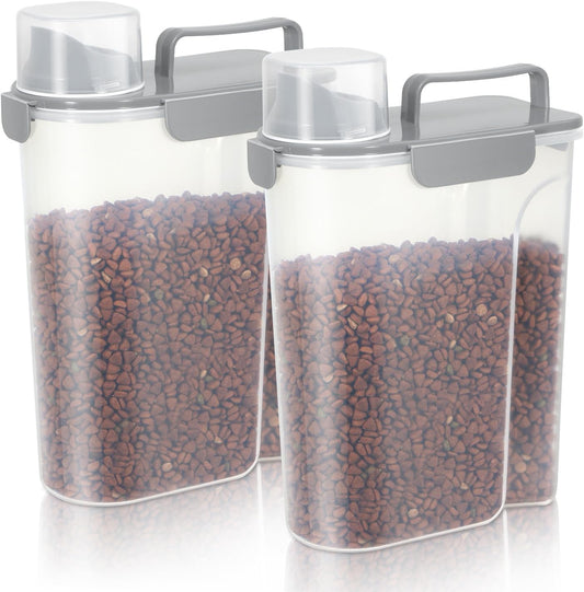 5-7Lbs Dog Cat Food Storage Container with Upgraded Large Nozzle BPA-free, 4 Snap Seals Plastic Pet Food Storage Containers with Handles (2, Light Gray, 5L)