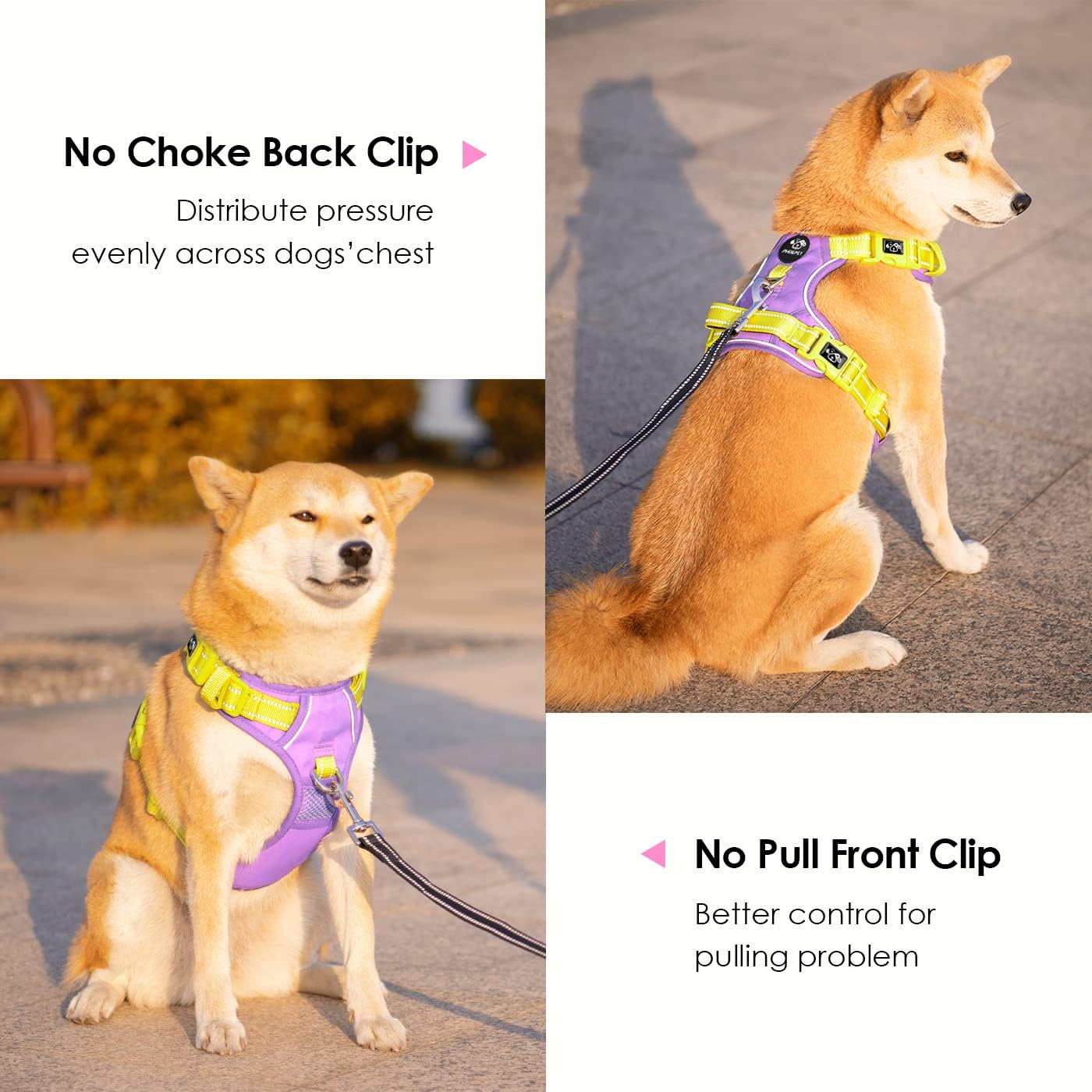 PHOEPET No Pull Dog Harness, Unique Colors Reflective Adjustable Dog Vest, with Soft Training Handle Metal Clips for Small Medium Large Dogs (Baby Purple Base & Yellow Straps,S)