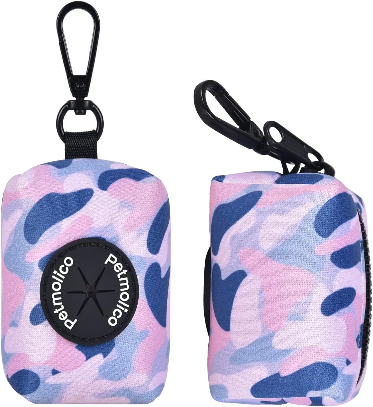 Petmolico Dog Poop Bag Holder Leash Attachment, Waste Bag Dispenser Zippered Pouch, Fits Any Leash, Includes Free Roll of Bags, 2 Pack - Blue Pink Camouflage