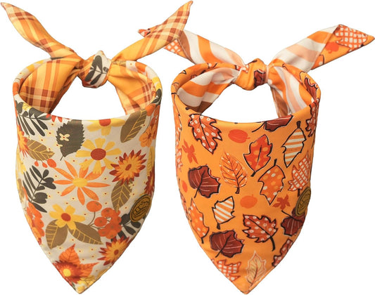 CROWNED BEAUTY Fall Dog Bandanas Reversible Large 2 Pack, Rustic Flower Set, Orange Adjustable Triangle Holiday Scarves for Medium Large Extra Large Dogs Boy Girl Pets DB182-L