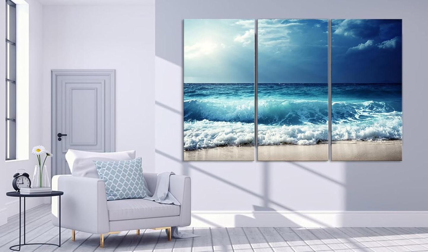 Nature Wall Art Prints - Ocean Forest Mountain Lake Canvas Landscapes - Small to Extra Large Living Room Bedroom Kitchen Bathroom Décor (Summer Ocean Beach, 31L" x 47W" - 3 Panels)