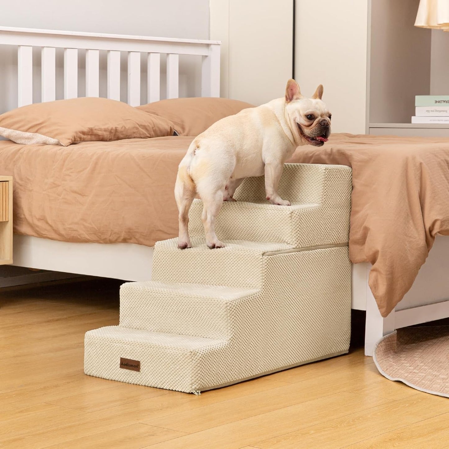 Dog Stairs for High Bed 22.6" H,5-Step Dog Steps for Small Dogs and Cats,Indoor Non-Slip Balanced Pet Stairs are Suitable for Puppy,Older Cat,Beige
