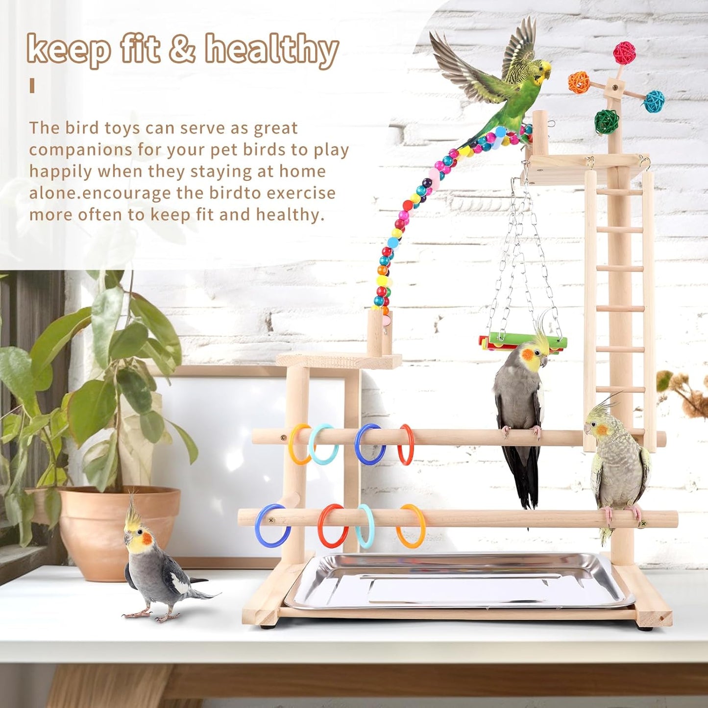 Bird Playground, Perch Stand Parrot Playstand Play Gym with 2 Perches Stand Windmill Toys, Playpen for Parakeet Conure Cockatiel Lovebird Budgie Caique, Exercise Playgym with feeding Cups