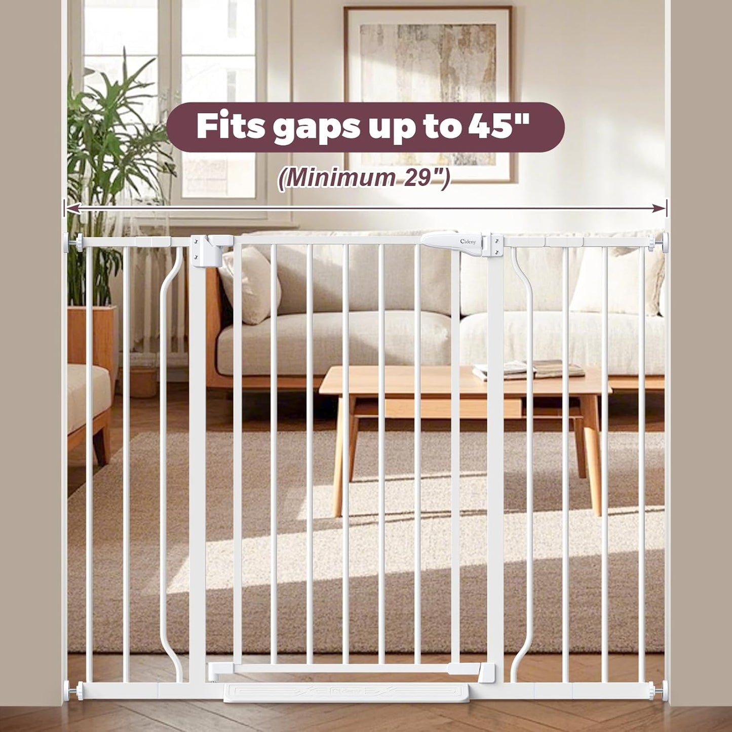 29"-45" Baby Gate for Stairs, Auto Close Stroller Friendly Dog Gate Indoor for Doorways, Pressure Mounted Baby Gate, Easy Walk Through Gate for Children & Pets, White