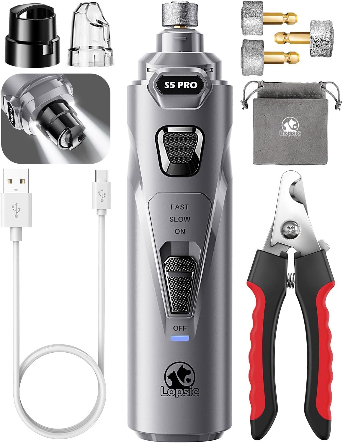 Dog Nail Grinder with 2 LED Lights Powerful 2 Speeds Super Quiet Dog Nail Trimmers with 3 Grinding Wheels Rechargeable Pet Dog Nail Clippers for Large Medium Puppy Dogs Dog Nail File Cat Nail Clipper