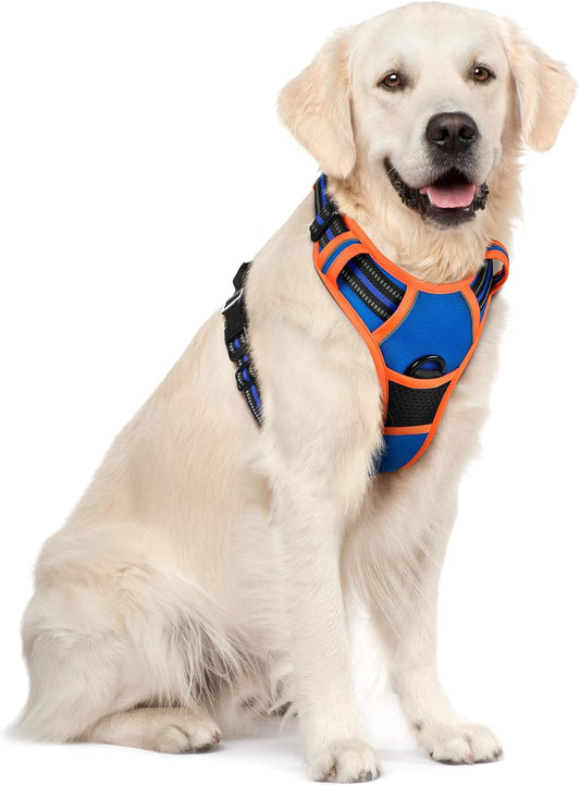 rabbitgoo Dog Harness No Pull with 2 Leash Clips, Adjustable Soft Padded, Reflective Oxford No Choke Pet Vest with Easy Control Handle for Large Dogs, Blue & Orange, XL