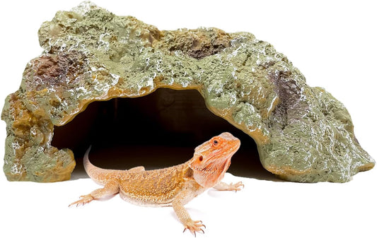 Reptile Hide Cave,Resin Rock for Reptile and Amphibians,Terrarium & Aquarium Habitat Hideout for Bearded Dragons,Lizards,Snakes,Turtles,Geckos,Ball Pythons (Brown, Medium)