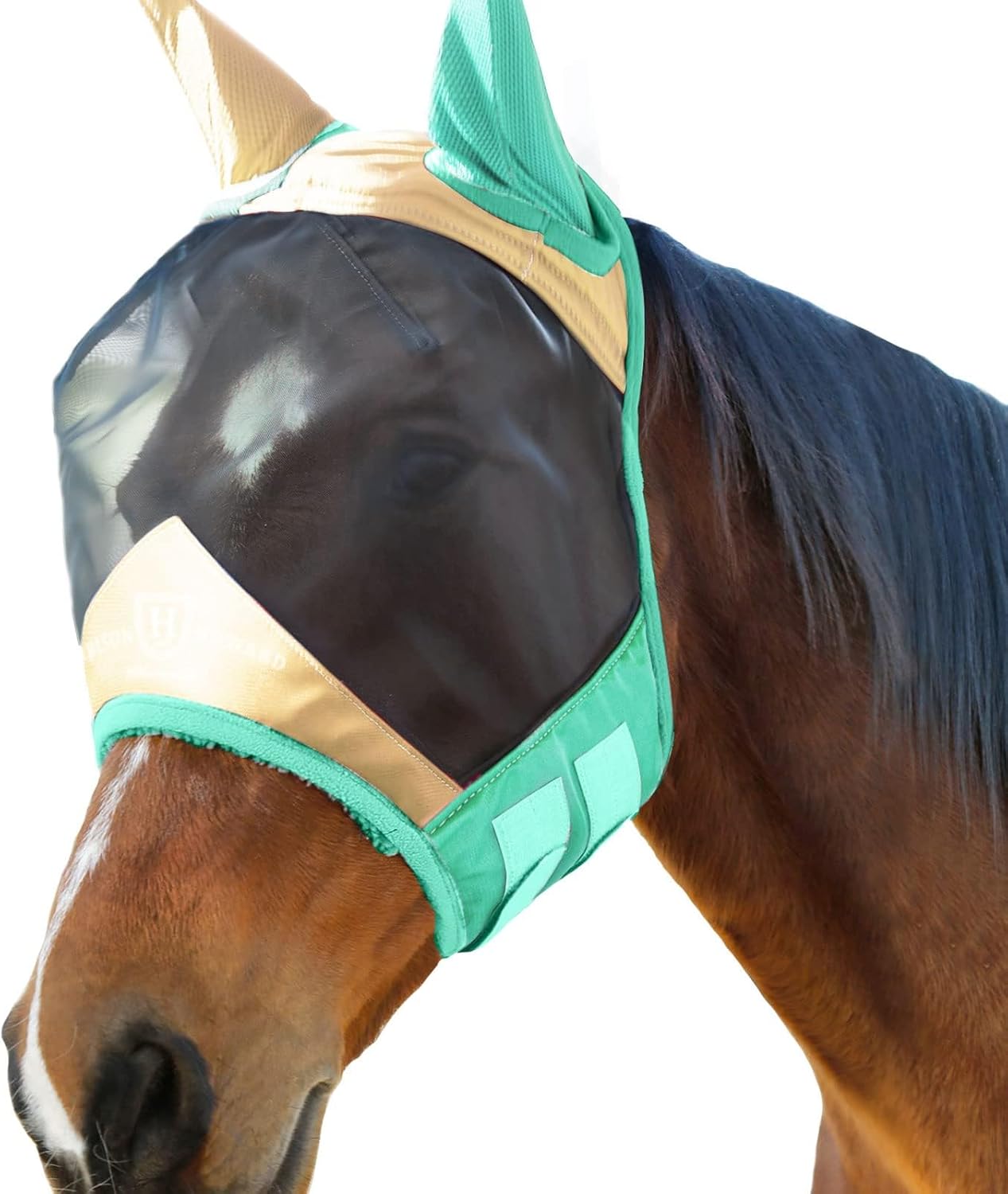 Harrison Howard Pro Luminous Horse Fly Mask Standard with Ears UV Protection for Horse Champagne Gold/Mint Large Full Size