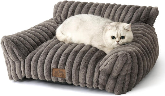 Cute Cat Couch, Premium Plush Faux Fur Pet Couch Bed, Ultra-Soft Pet Furniture for Cats & Small Dogs (Grey, S: 25.5''x17.5'')
