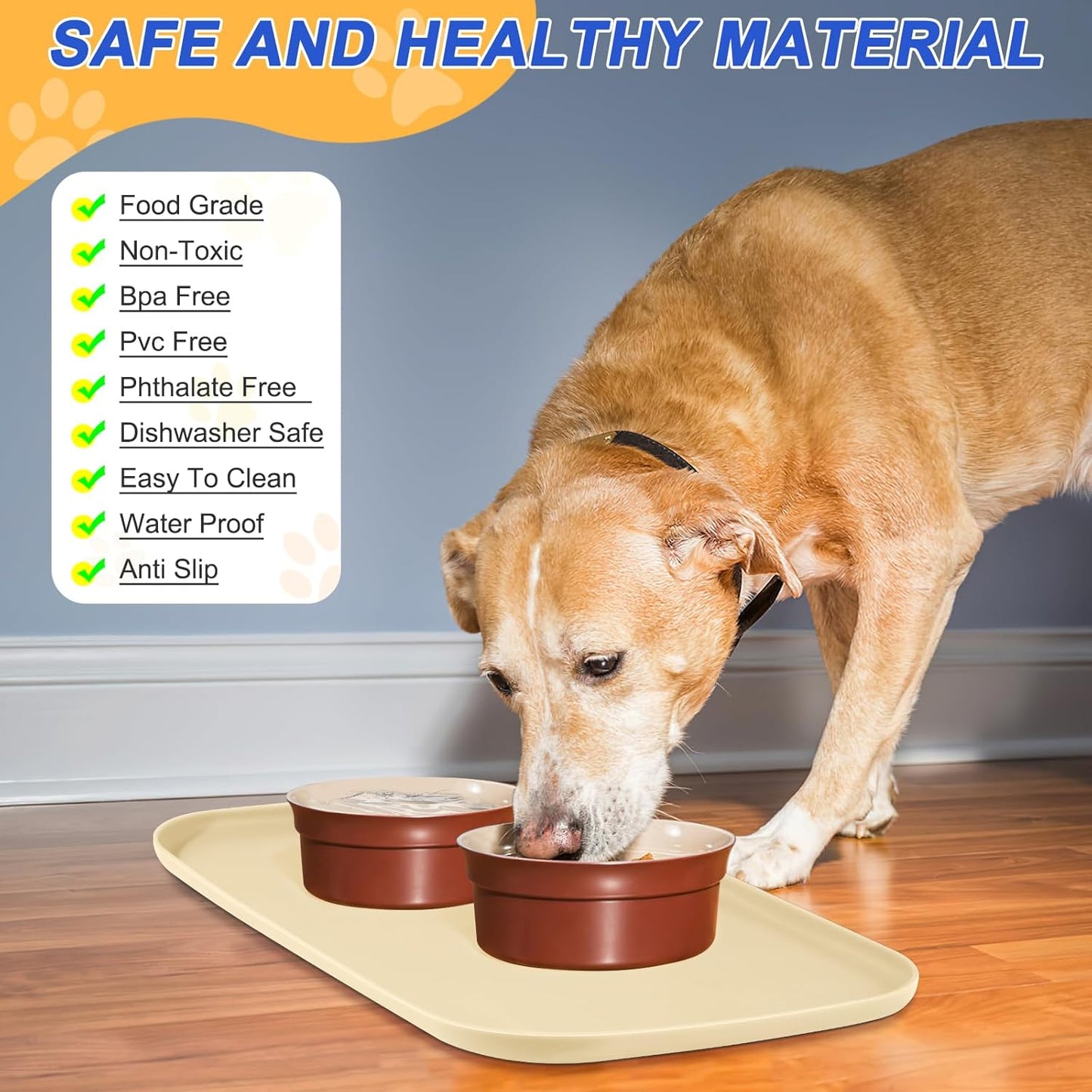 Silicone Pet Feeding Mat with Raised Edge for Food and Water, Dog Bowl Mats, Cat Bowls Placemat with High Lip for Floor Waterproof, Rubber Tray for Cats and Dogs 22 x 14 x0.8 White Sand