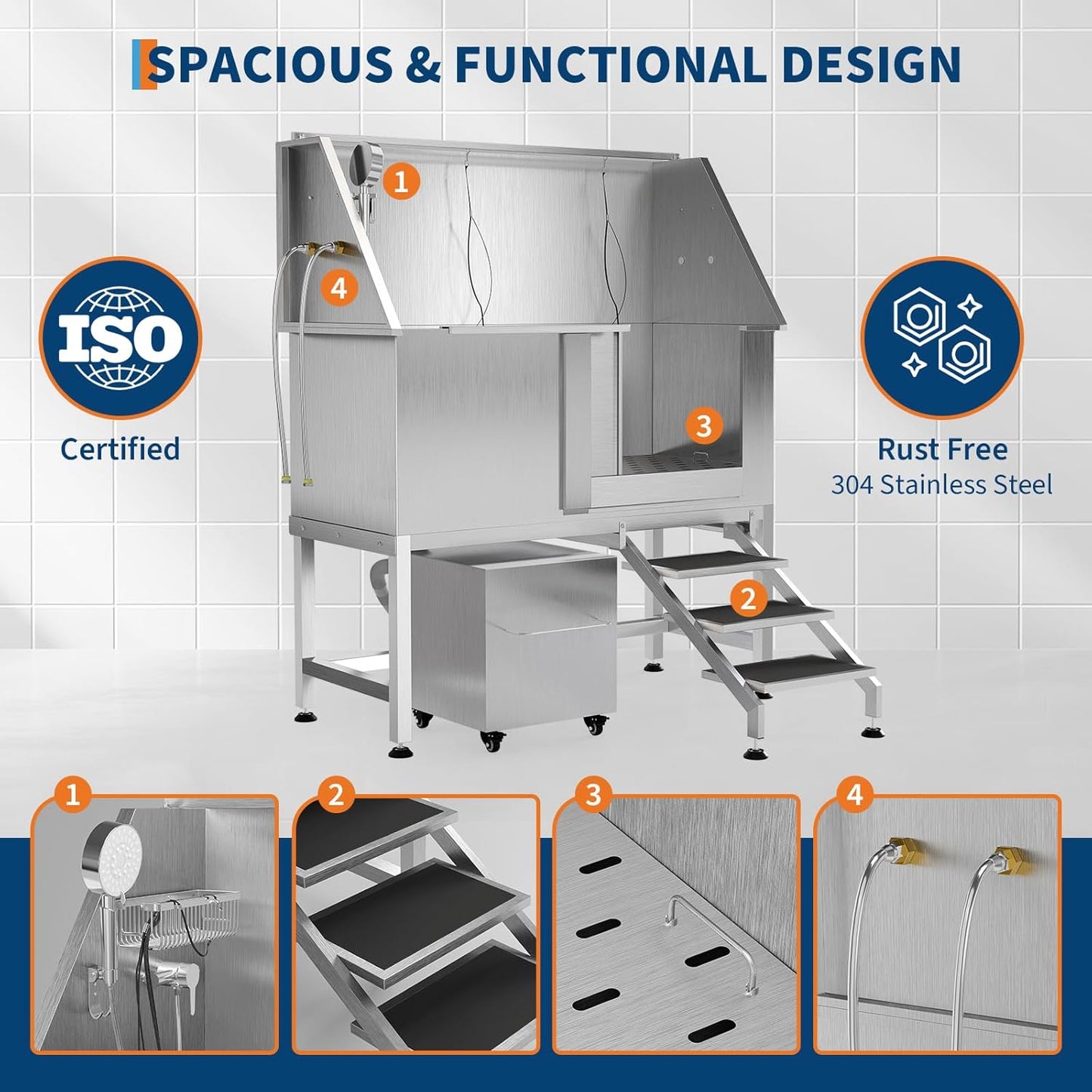 50" Stainless Steel Professional Dog Washing Station - Pet Bathing Tub w/Non-Slip Stairs & Storage Shelf | Slip-Resistant Floor Grate | for Large/Medium/Small Dogs