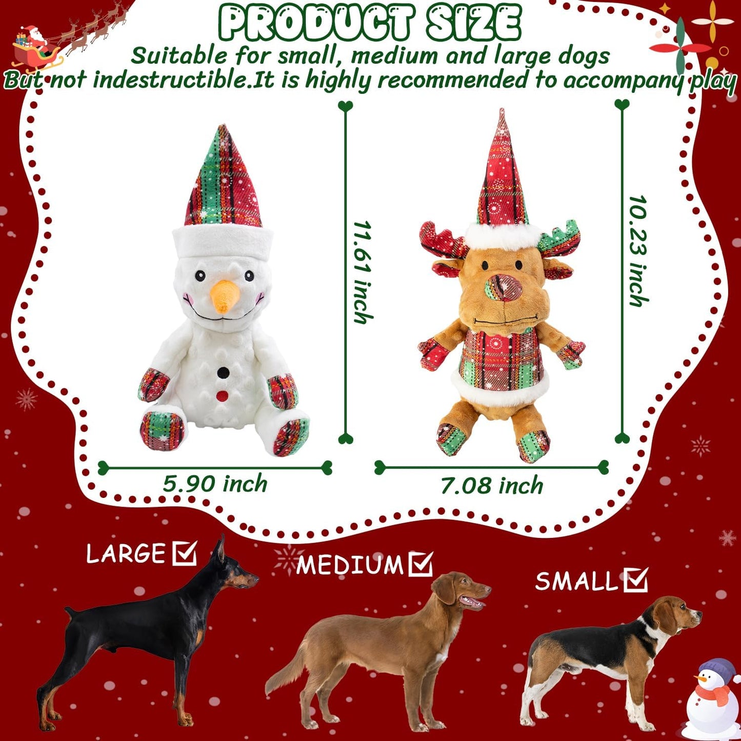 Christmas Dog Toys Squeaky 2-Pack Interactive Puppy Teething Chew Toy Deer Snowman Shape with Crinkle Sound Paper Tail Stuffed,Keep Them Busy, for Large Medium Small Breeds
