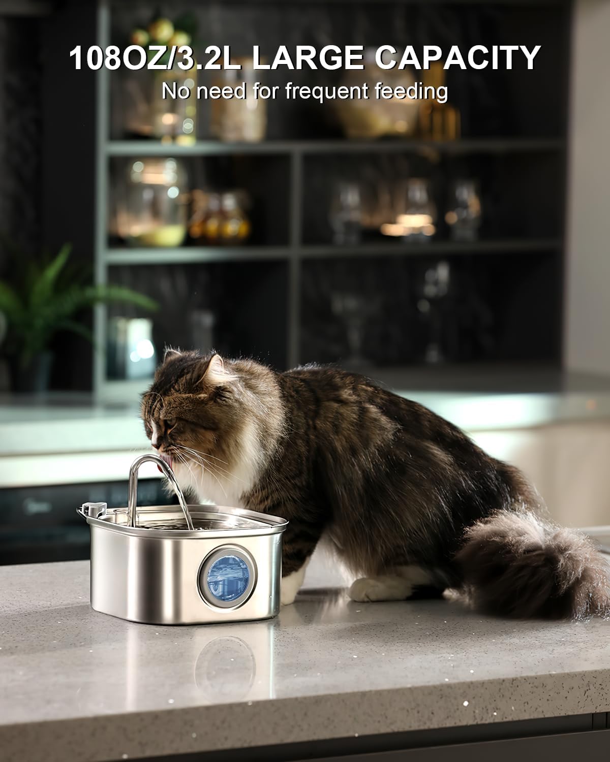 Cat Water Fountain Stainless Steel: 108oz/3.2L Automatic Pet Water Fountain - Dog Water Dispenser with Water Level Window - for Cats Inside with 4 Replacement Filters and 4 Sponges